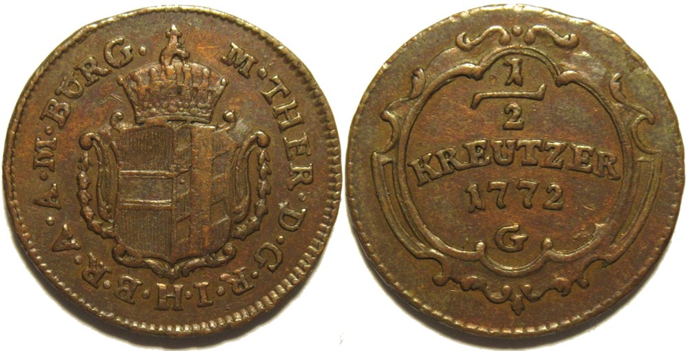 Maria Theresia, ½ Kreuzer 1772 - Margraviate of Burgau monnaies europe medievale archiduche d autriche maria theresia kreuzer 1772 margraviate of burgau