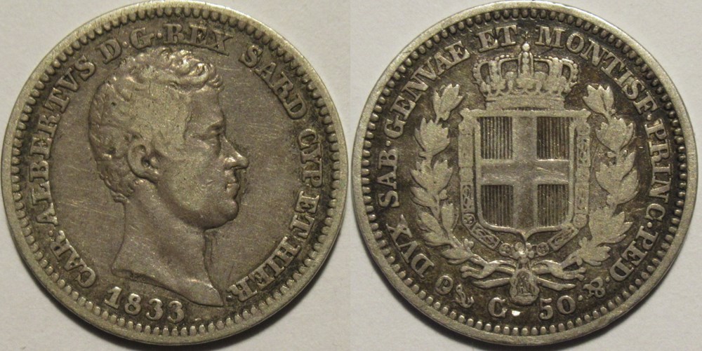 monnaies monde italie 1833 royaume de sardaigne 50 centesimi genova carlo alberto