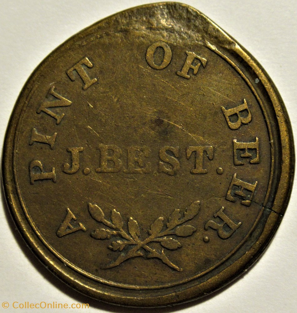 19th. Token for 1 Pint of Beer - J. Best, Brewer - Chatham, Kent, England monnaies jetons mereaux 19th token for 1 pint of beer j best brewer chatham kent england