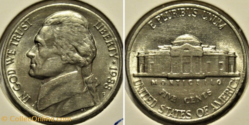 monnaies monde etats unis 1988 five cents jefferson philadelphia rippled