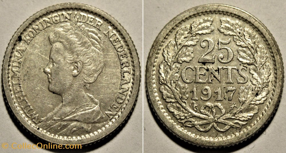 Wilhelmina of Netherlands - 25 Cents 1917 monnaies monde pays bas wilhelmina of netherlands 25 cents 1917