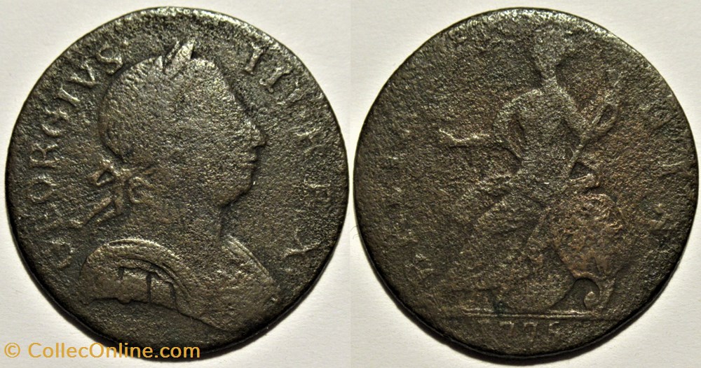 1775 Half Penny No Regal - George III of Great Britain (ex.16) monnaies monde etats unis 1775 half penny no regal george iii of great britain ex 16