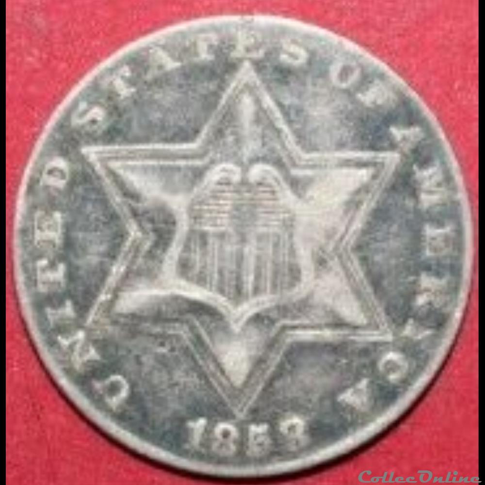 1858 - Silver Three Cents 3 monnaie monde etat uni 1858 silver three cents