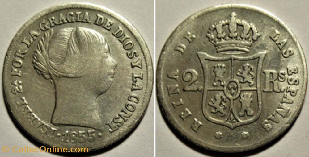 1855 Sevilla - 2 Reales - Isabel II de España monnaies monde espagne 1855 sevilla 2 reales isabel ii de espana