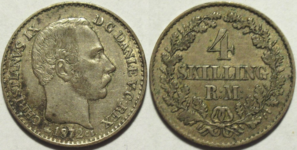 Christian IX Denmark - 4 Skilling Rigsmont 1872 monnaies monde danemark christian ix denmark 4 skilling rigsmont 1872