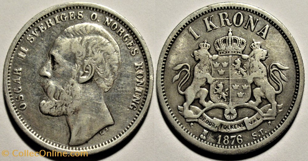 Sweden - Oskar II - 1 Krona 1876 monnaies monde suede sweden oskar ii 1 krona 1876