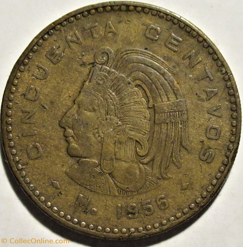 México 1956 - 50 Centavos Cuauhtemoc - E.U. Mexicanos monnaies monde mexique mexico 1956 50 centavos cuauhtemoc e u mexicanos