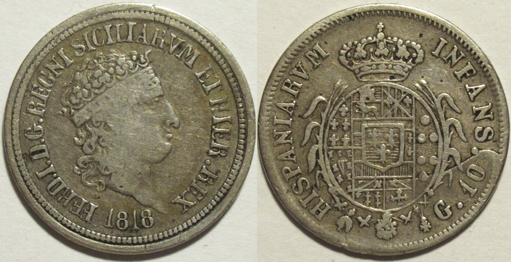 1818 Royaume des Deux-Siciles, 10 Grana - Ferdinando I de Bourbon-Siciles (var + Die crack) monnaies monde italie 1818 royaume des deux siciles 10 grana ferdinando i de bourbon siciles var die crack