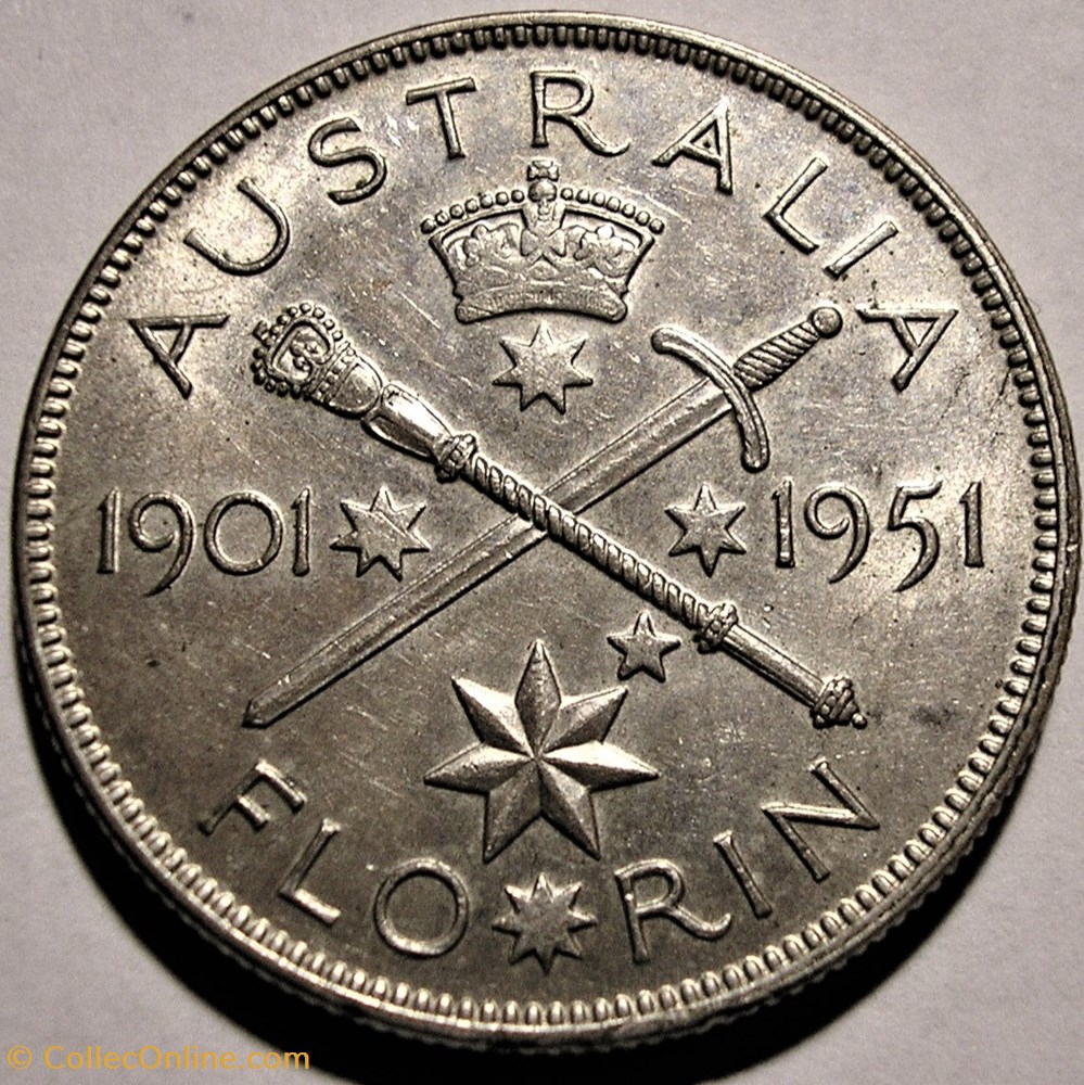George VI - One Florin 1951, 50 Years of Federation - Australia (ex.2) 2 monnaies monde australie george vi one florin 1951 50 years of federation australia ex 2