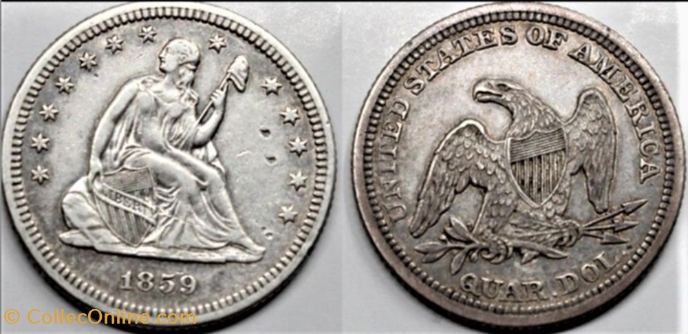 1859 Quarter Dollar - 25 cents 3 monnaie monde etat uni 1859 quarter dollar 25 cents
