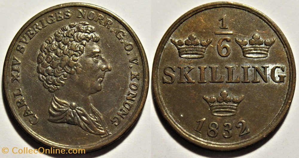 Sweden - Karl XIV Johan - 1/6 Skilling 1832 monnaies monde suede sweden karl xiv johan 1 6 skilling 1832