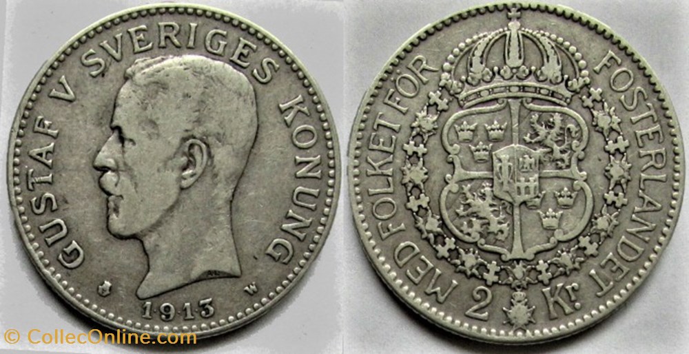 Gustaf V of Sweden - 2 Kronor 1913 monnaies monde suede gustaf v of sweden 2 kronor 1913