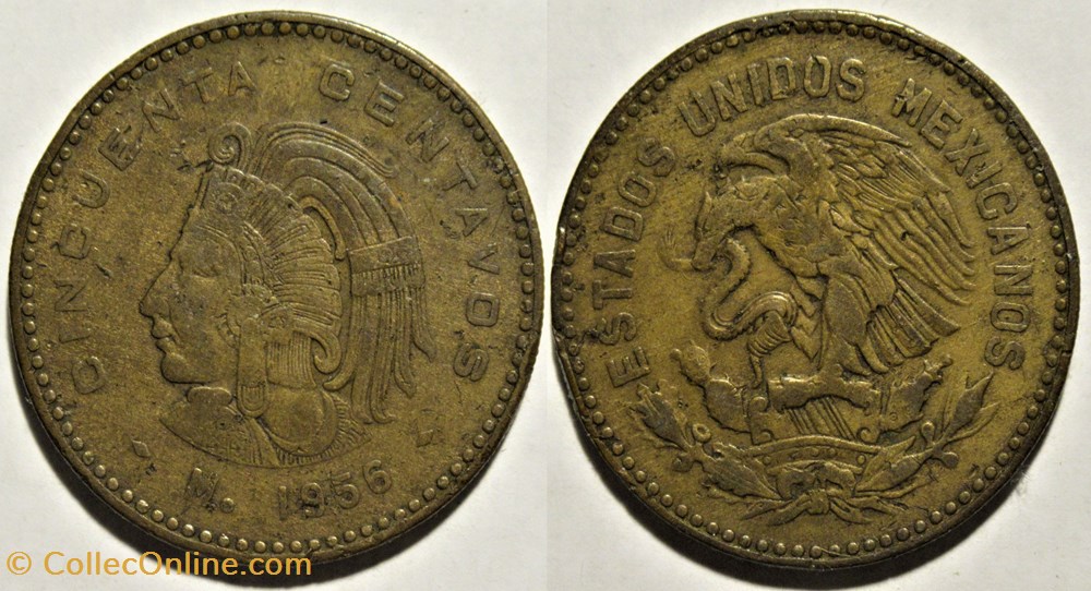 México 1956 - 50 Centavos Cuauhtemoc - E.U. Mexicanos monnaies monde mexique mexico 1956 50 centavos cuauhtemoc e u mexicanos