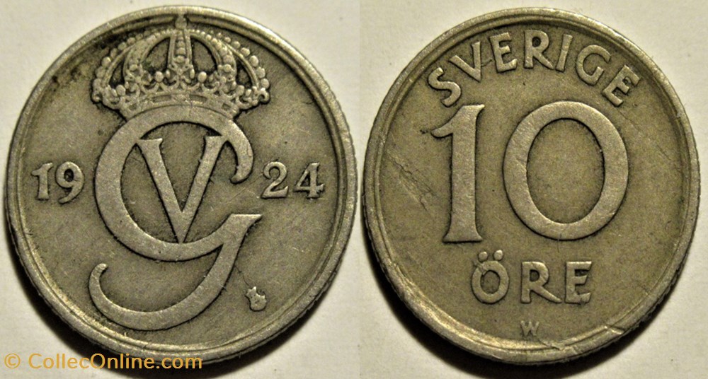 Gustaf V of Sweden - 10 Öre 1924 monnaies monde suede gustaf v of sweden 10 ore 1924