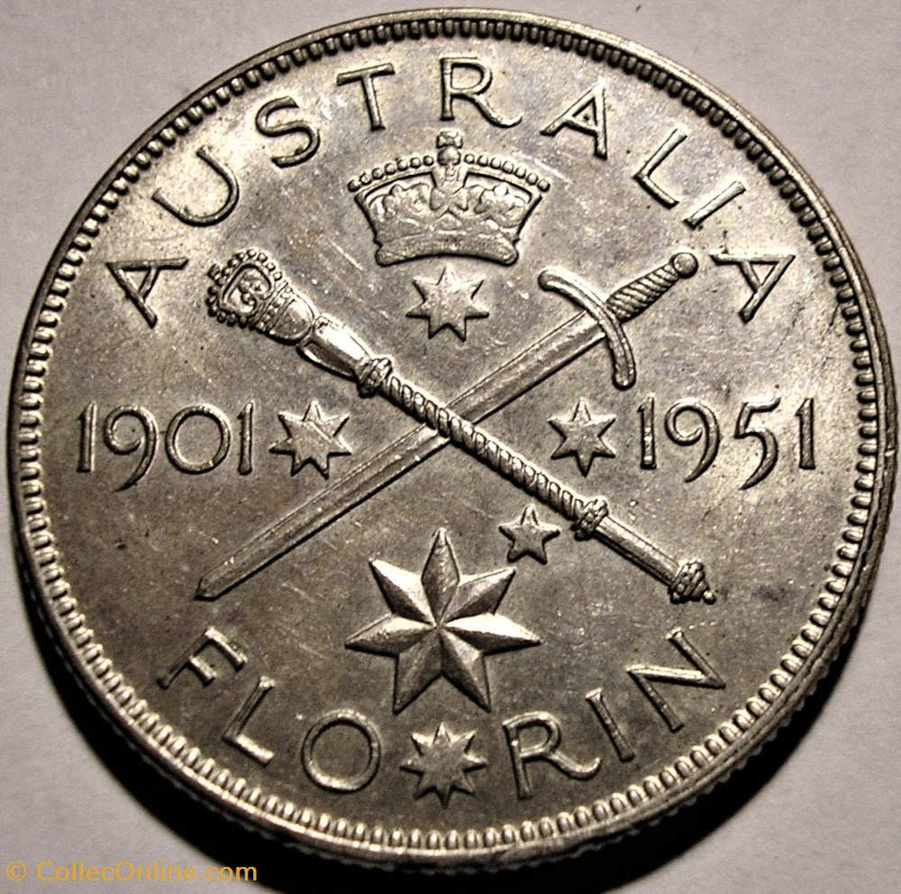 George VI - One Florin 1951, 50 Years of Federation - Australia (ex.2) 3 monnaies monde australie george vi one florin 1951 50 years of federation australia ex 2