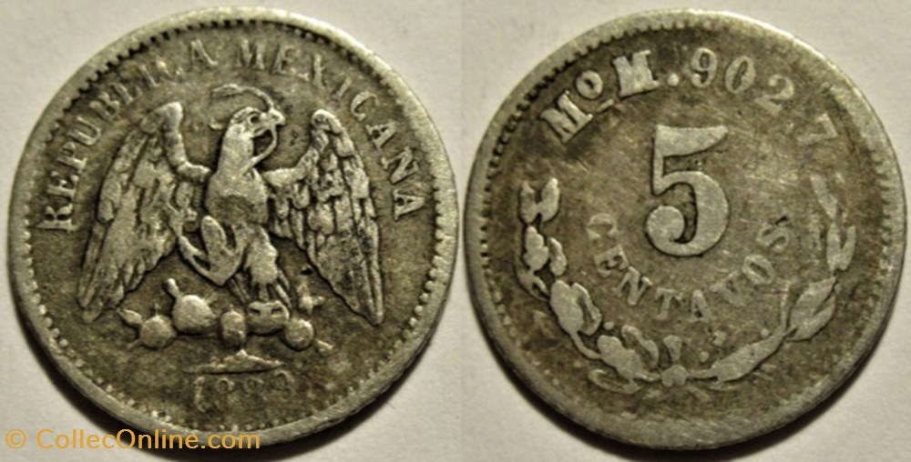 México - 5 Centavos 1889/8 Overdate monnaies monde mexique mexico 5 centavos 1889 8 overdate