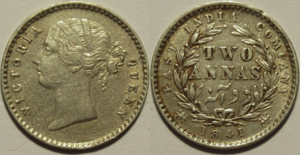 Victoria - Two Annas 1841 Calcutta - East India Company (ex.3) monnaies monde inde victoria two annas 1841 calcutta east india company ex 3