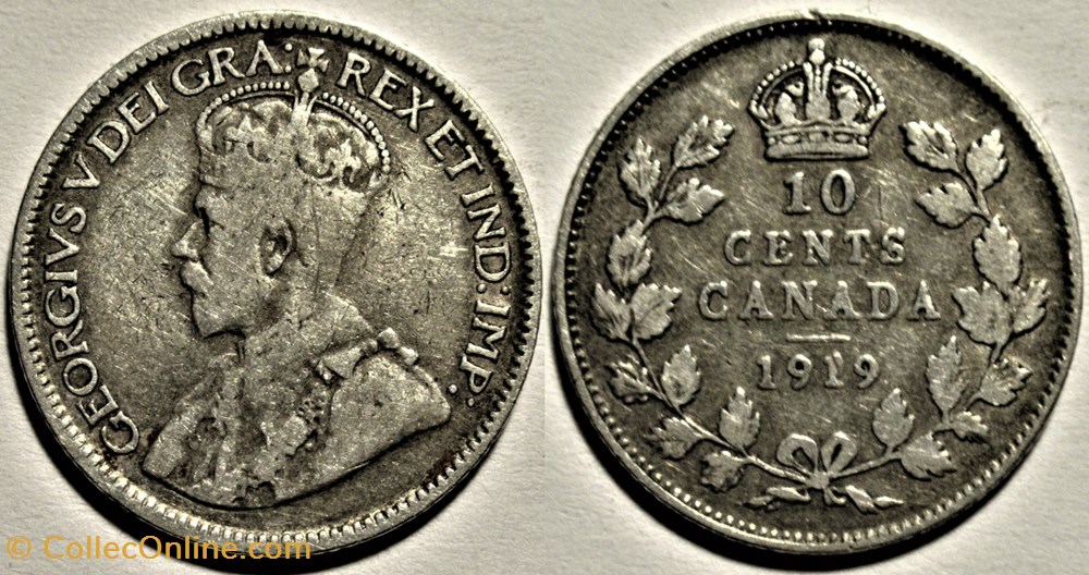George V - 10 Cents 1919 (ex.3) Error monnaies monde canada george v 10 cents 1919 ex 3 error