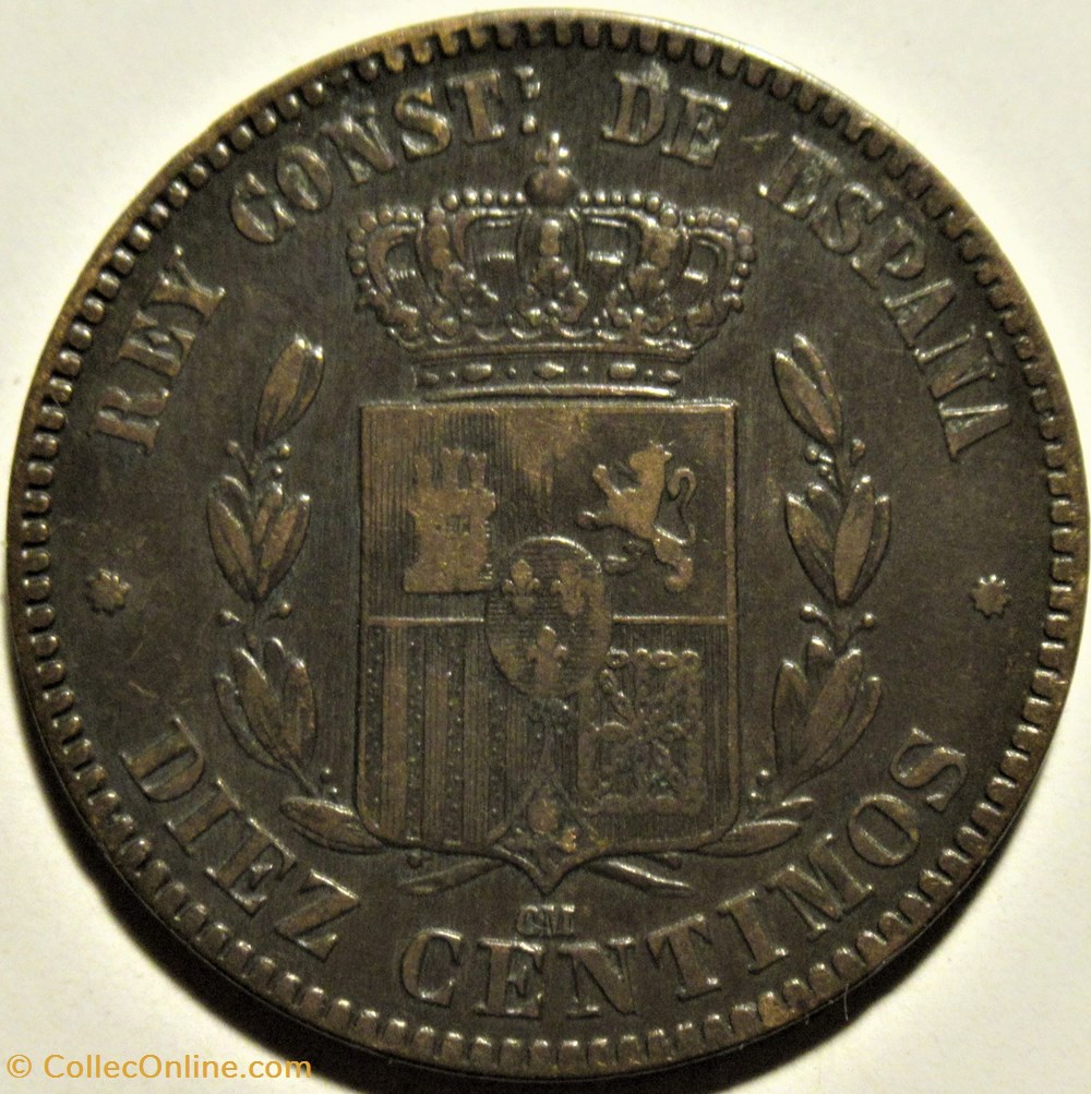1879 - Barcelona 10 Centimos - Alfonso XII de España (ex.2) Repunched Date 3 monnaies monde espagne 1879 barcelona 10 centimos alfonso xii de espana ex 2 repunched date