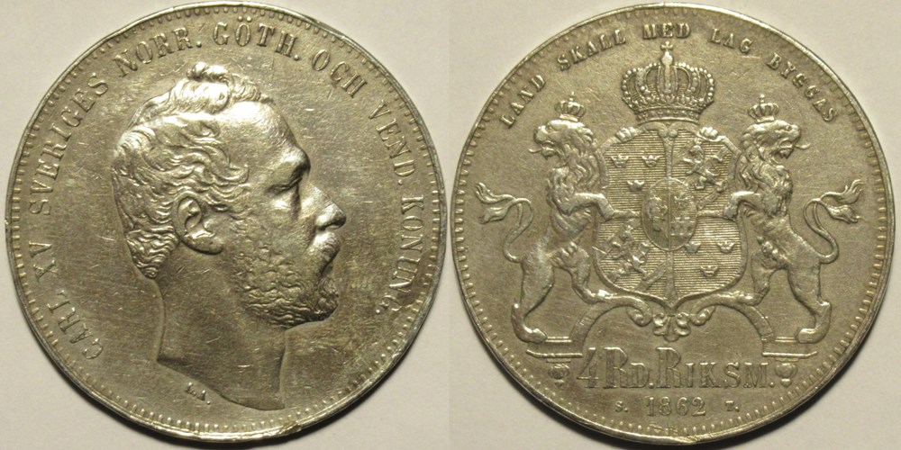 monnaies monde suede sweden carl xv 1 riksdaler specie 1862