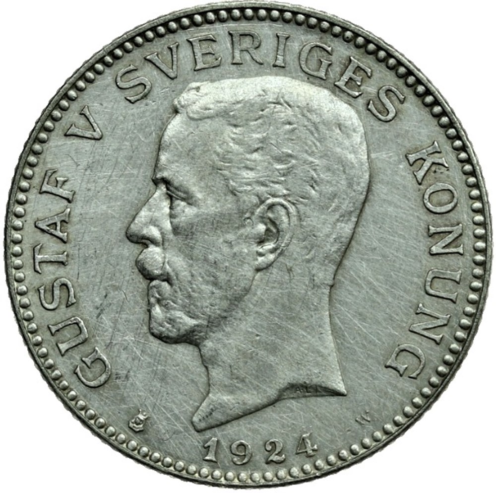 Gustaf V of Sweden - 1 Krona 1924 monnaies monde suede gustaf v of sweden 1 krona 1924