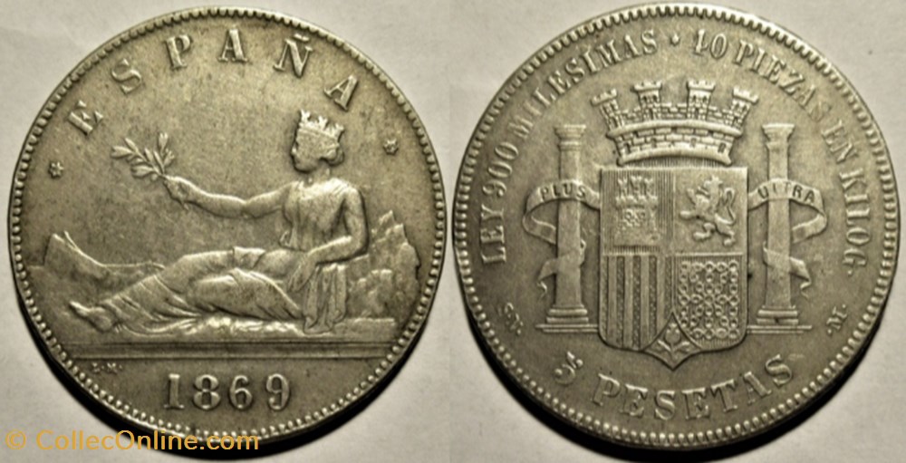 1869 - 5 Pesetas - Provisional Government of Spain monnaies monde espagne 1869 5 pesetas provisional government of spain