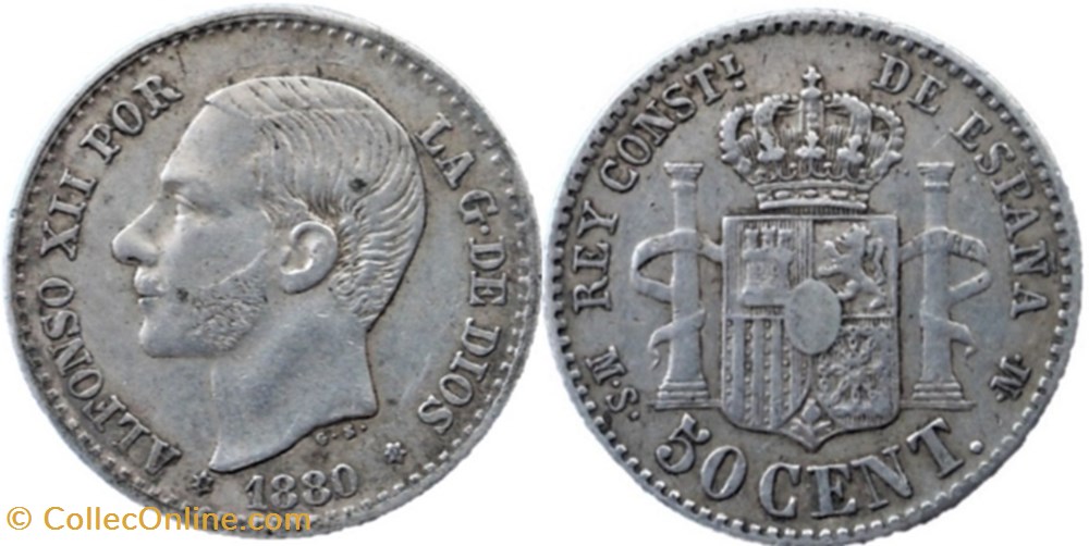 1880 - 50 Centimos - Alfonso XII de España monnaies monde espagne 1880 50 centimos alfonso xii de espana