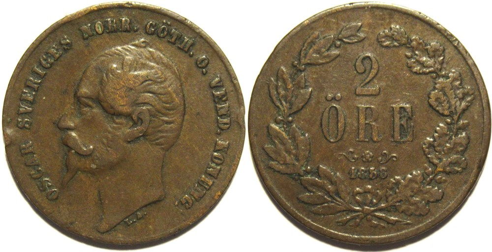 Oscar I of Sweden - 2 Öre 1858/7 monnaies monde suede oscar i of sweden 2 ore 1858 7