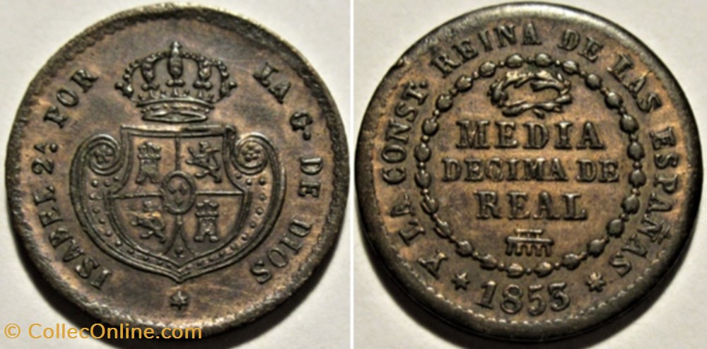 1853 Segovia - 1/2 Decima de Real - Isabel II de España monnaies monde espagne 1853 segovia 1 2 decima de real isabel ii de espana
