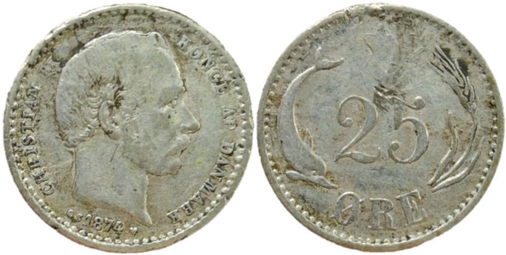 Christian IX Denmark - 25 Øre 1874 (2) (Error) monnaies monde danemark christian ix denmark 25 re 1874 2 error