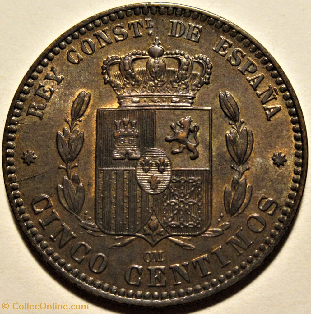 1878 - Barcelona, 5 Centimos - Alfonso XII de España (ex.2) Die Crack 3 monnaies monde espagne 1878 barcelona 5 centimos alfonso xii de espana ex 2 die crack