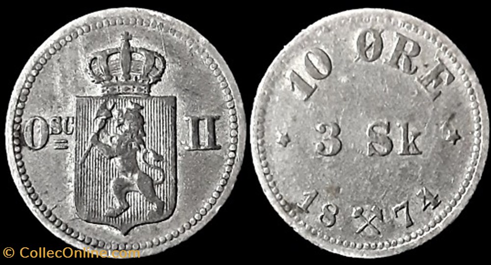 Oskar II - 10 Øre / 3 Skilling 1874 Norway monnaies monde norvege oskar ii 10 re 3 skilling 1874 norway