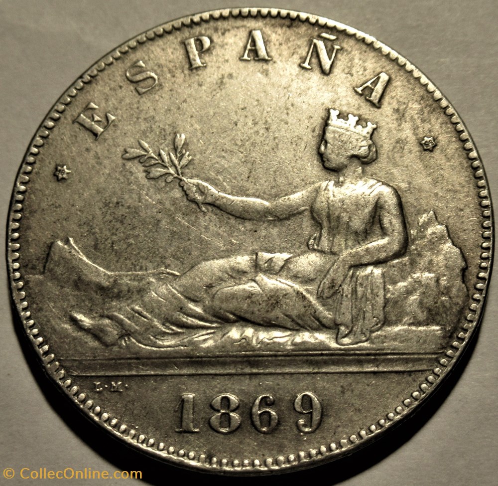 1869 - 5 Pesetas - Provisional Government of Spain 2 monnaies monde espagne 1869 5 pesetas provisional government of spain
