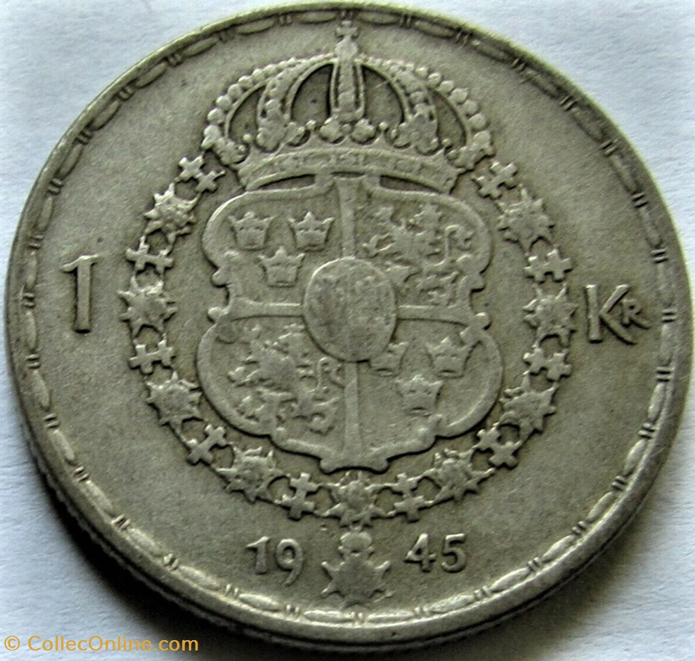 Gustaf V of Sweden - 1 Krona 1945 3 monnaies monde suede gustaf v of sweden 1 krona 1945