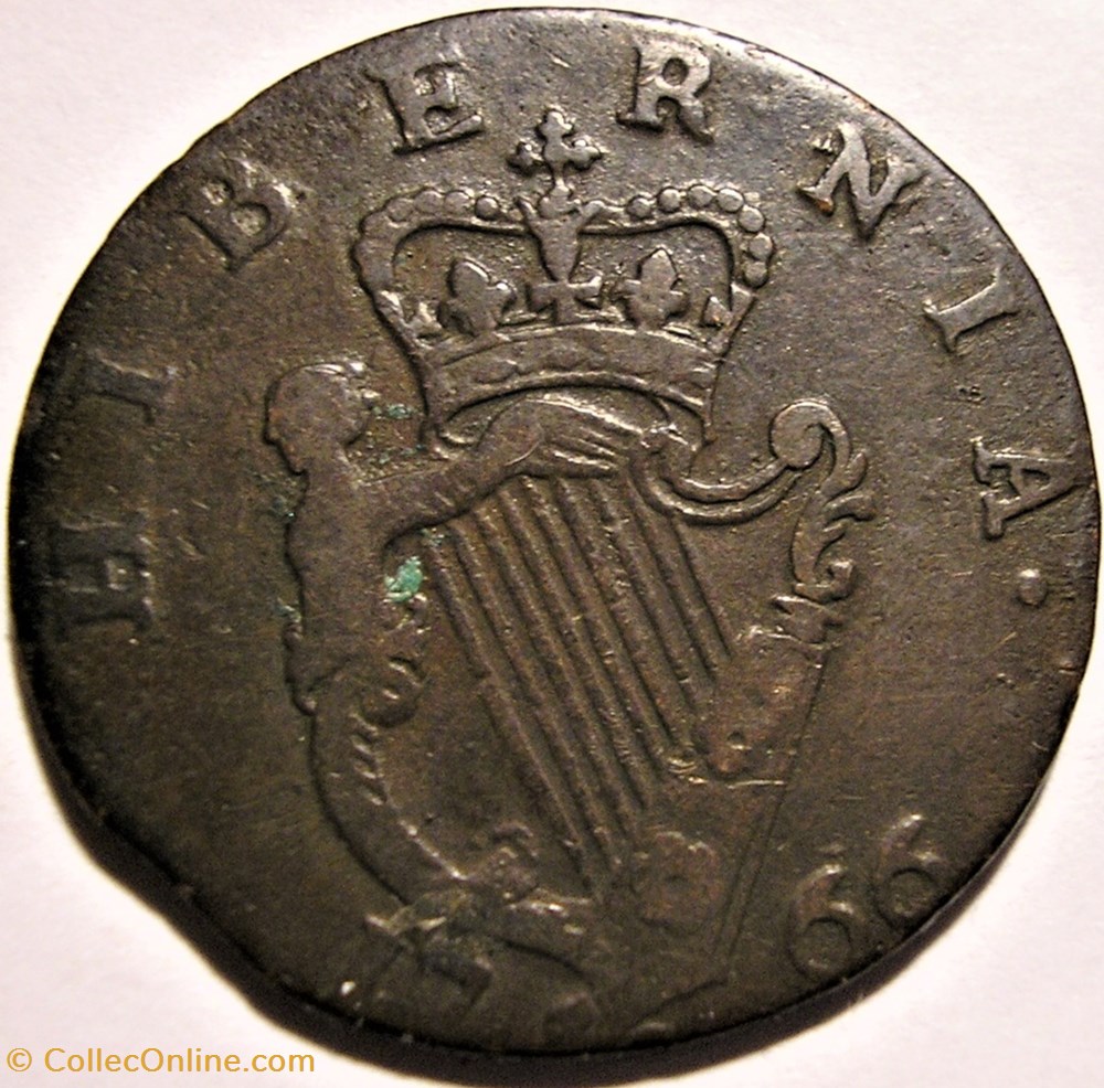 1766 Half Penny Hibernia, No Regal, Evasion - George III of Great Britain 3 monnaie monde irlande 1766 half penny hibernia no regal evasion george iii of great britain