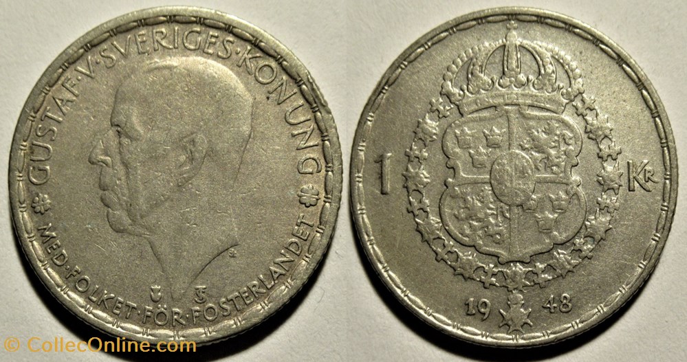 Gustaf V of Sweden - 1 Krona 1948 monnaies monde suede gustaf v of sweden 1 krona 1948
