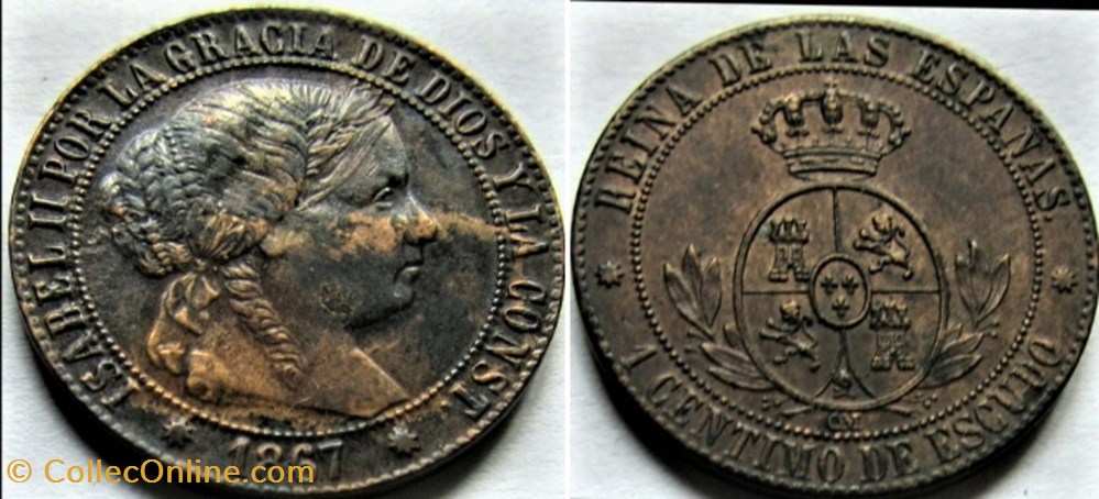 1867 Barcelona - 1 Centimo - Isabel II España monnaies monde espagne 1867 barcelona 1 centimo isabel ii espana