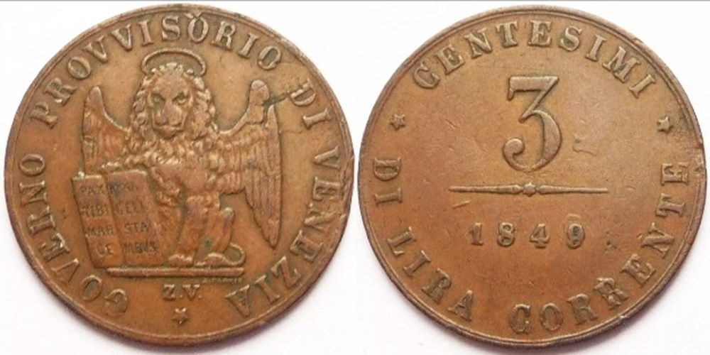 monnaies europe medievale republique de venise 3 centesimi 1849 republic of san marco venice