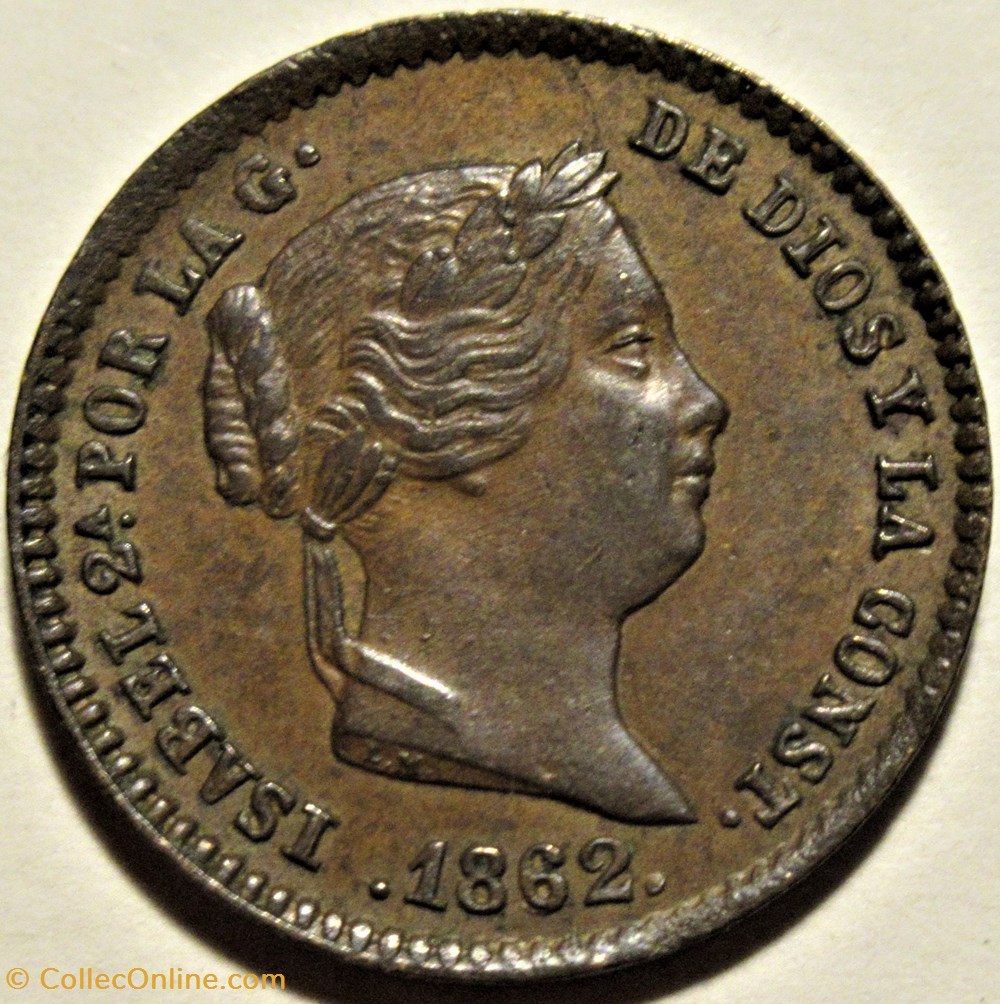 1862 Segovia - 5 Centimos - Isabel II de España 2 monnaies monde espagne 1862 segovia 5 centimos isabel ii de espana