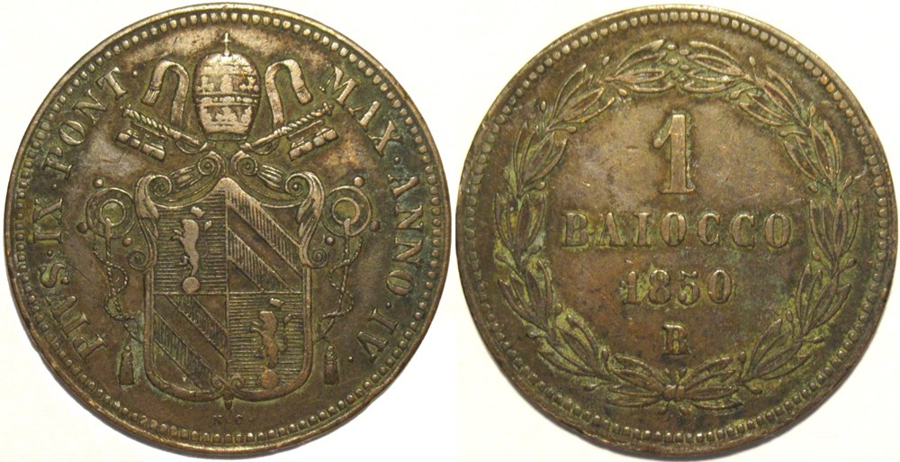 Pio IX, Pope - Baiocco 1850, Anno IV - Papal States monnaies monde vatican pio ix pope baiocco 1850 anno iv papal states