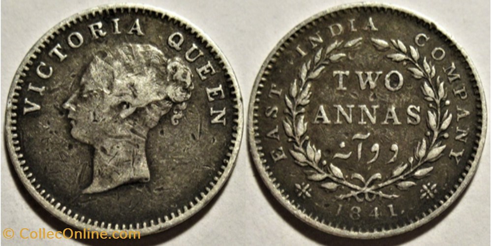 Victoria - Two Annas 1841 Calcutta - East India Company (ex.4) monnaies monde inde victoria two annas 1841 calcutta east india company ex 4
