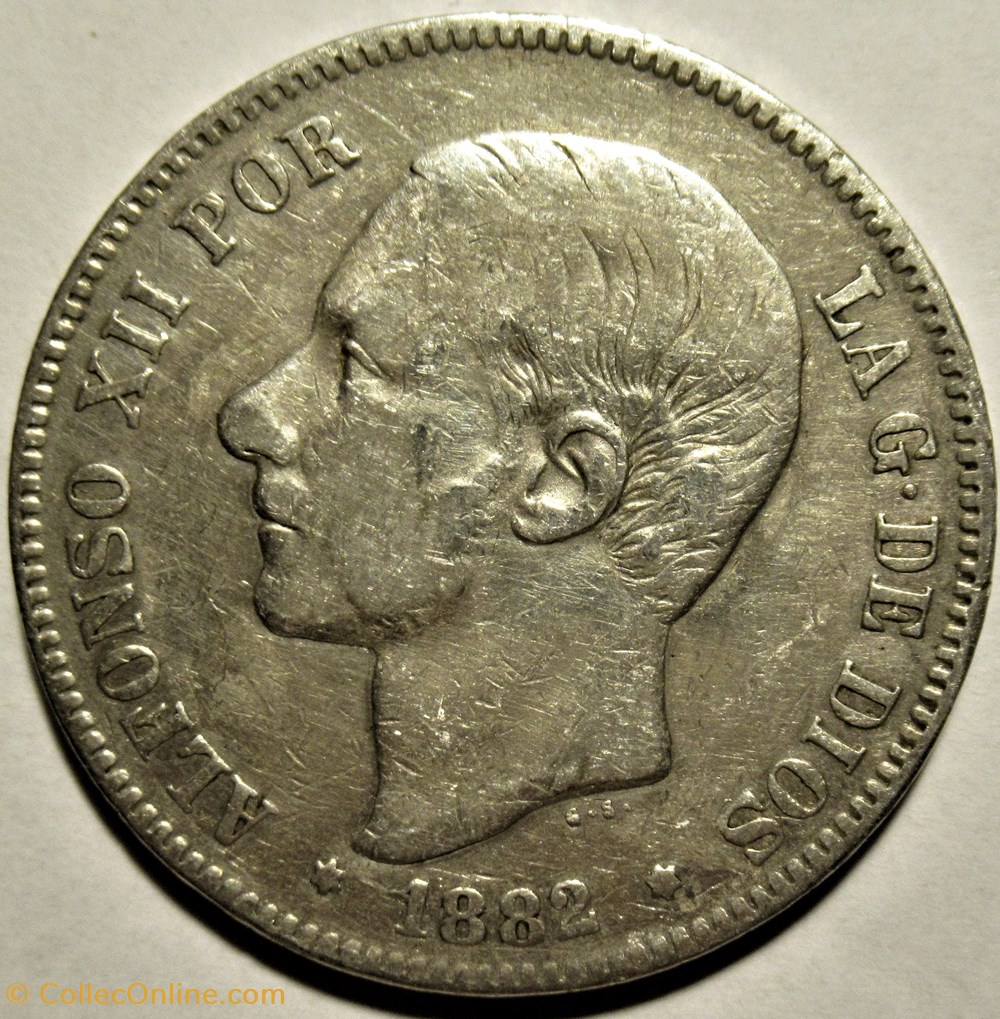 1882/1 - 5 Pesetas - Alfonso XII de España 2 monnaies monde espagne 1882 1 5 pesetas alfonso xii de espana