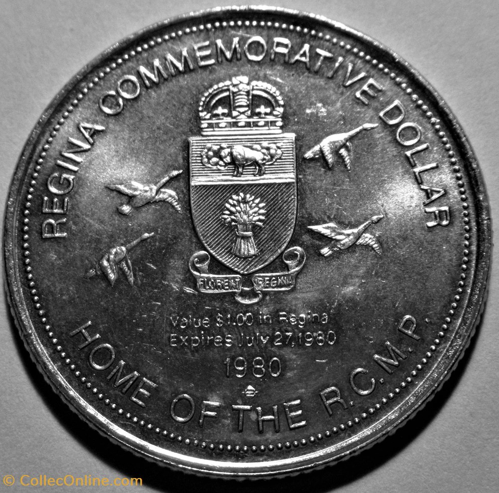 Regina 1980 - Home of the R.C.M.P. Confederation 1905 - Local one Dollar 2 monnaies jetons mereaux regina 1980 home of the r c m p confederation 1905 local one dollar