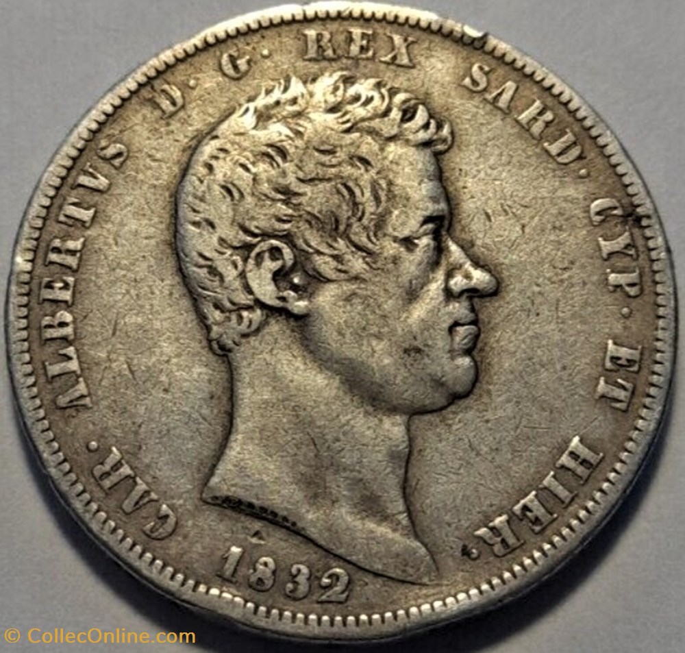 1832 Regno di Sardegna - 5 Lire, Torino - Carlo Alberto di Savoia monnaies monde italie 1832 regno di sardegna 5 lire torino carlo alberto di savoia