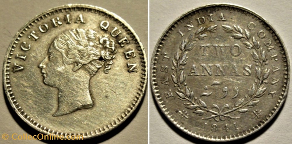 Victoria - Two Annas 1841 Calcutta - East India Company (ex.5) monnaies monde inde victoria two annas 1841 calcutta east india company ex 5