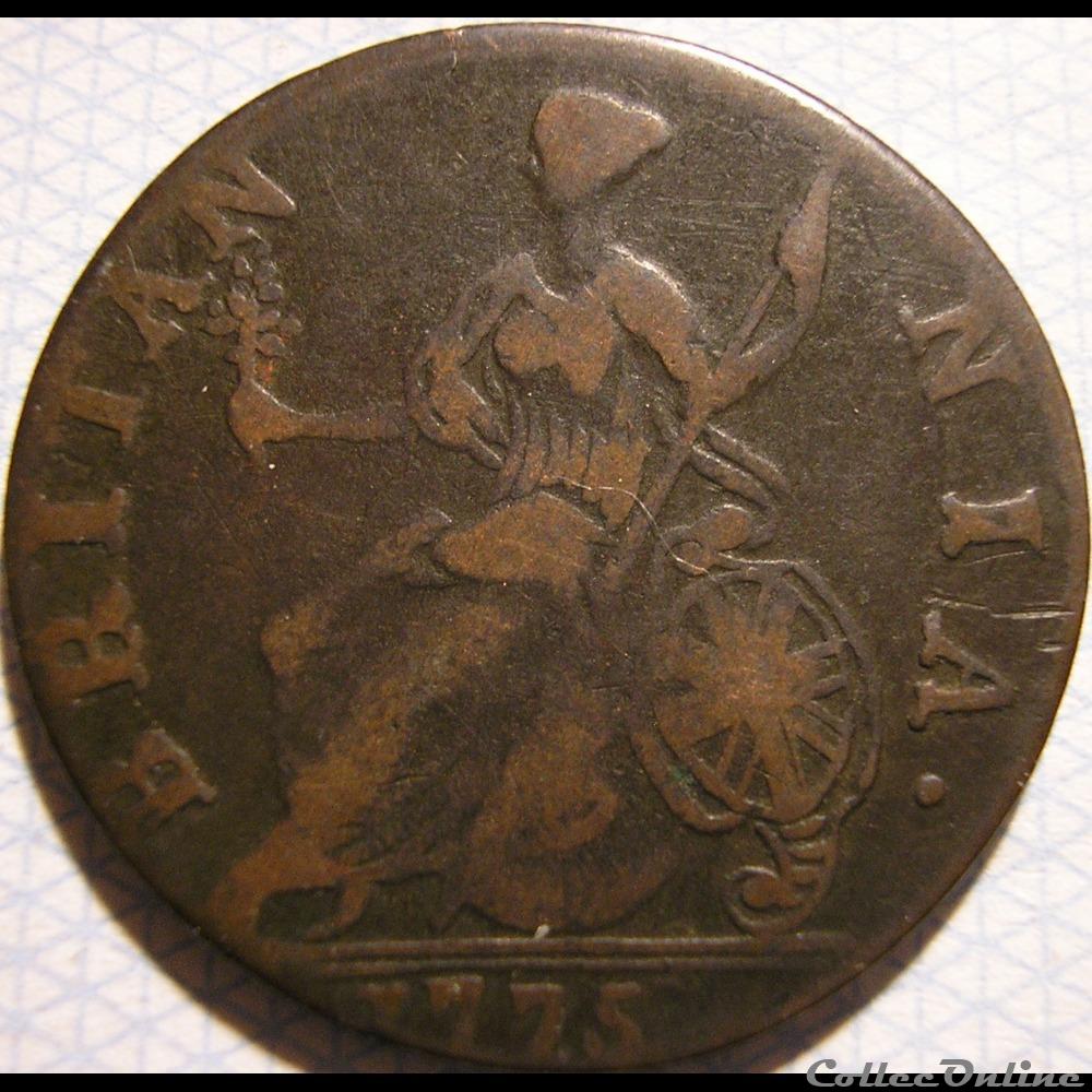 1775 Half Penny No Regal - George III of Great Britain (Ex.1) 2 monnaie monde etat uni 1775 half penny no regal george iii of great britain ex 1