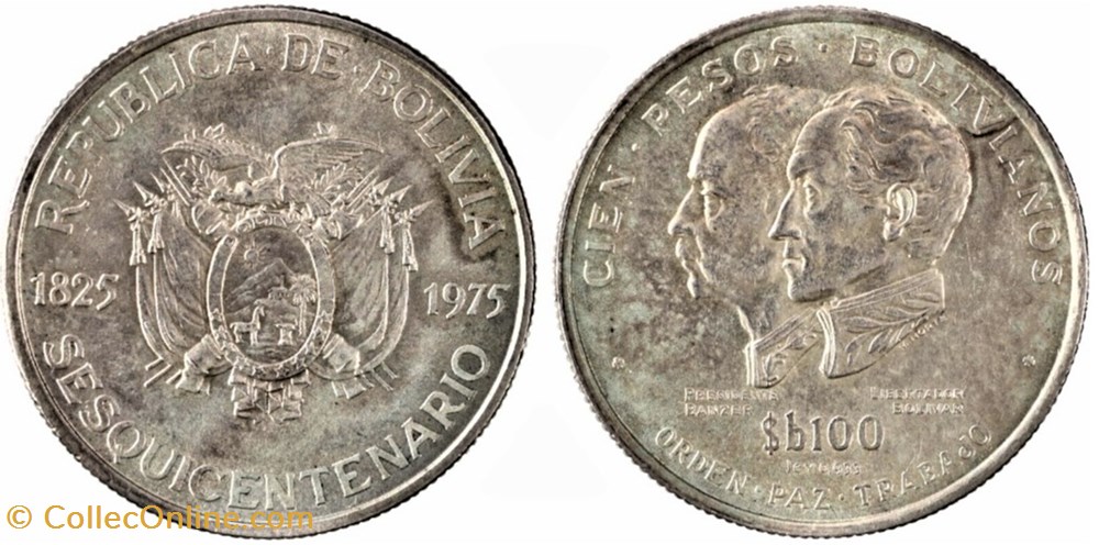 monnaies monde bolivie 1975 100 pesos bolivianos 150th anniversary of independence