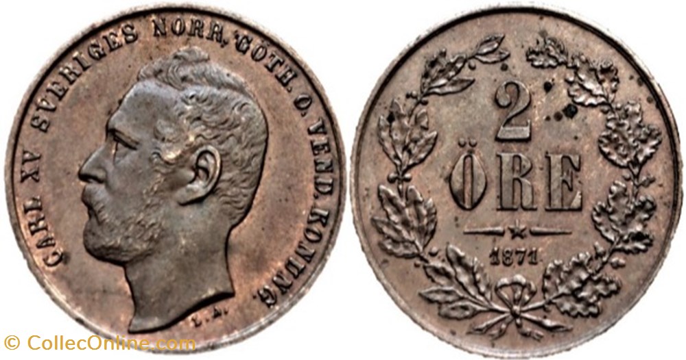 Sweden - Karl XV - 2 Öre 1871 (ex.2) monnaies monde suede sweden karl xv 2 ore 1871 ex 2