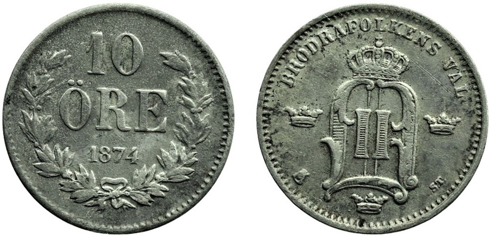 Sweden - Oskar II - 10 Öre 1874 monnaies monde suede sweden oskar ii 10 ore 1874