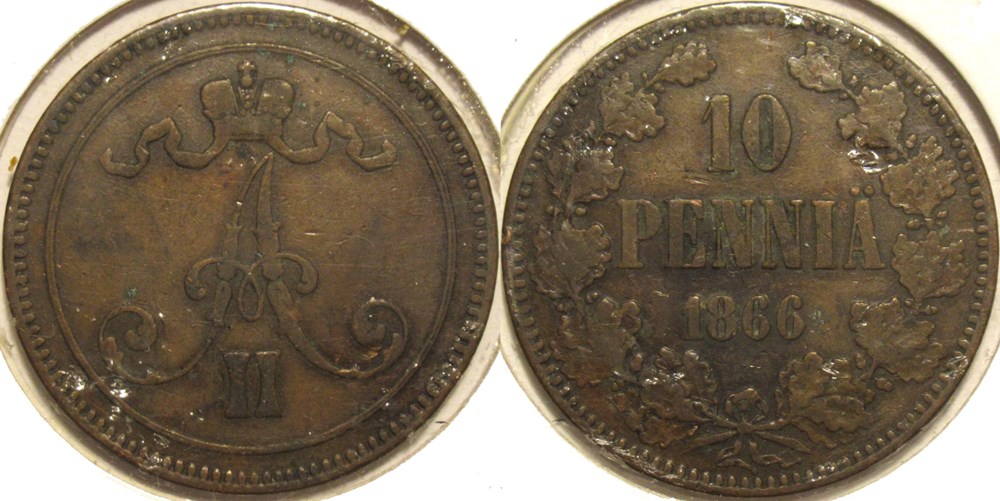 Alexander II of Russia - 10 Penniä 1866, Grand Duchy of Finland monnaies monde finlande alexander ii of russia 10 pennia 1866 grand duchy of finland